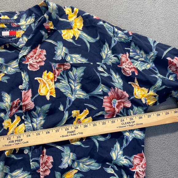 VTG Tommy Hilfiger Shirt Mens XL Button Up Blue Rayon Hawaiian Crest Baggy 90s - Picture 4 of 11